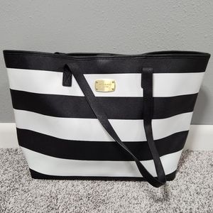 Michael Kors Black and White Striped Jet Set Medium Tote